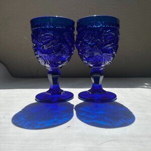 PAIR of Madonna Inn Fenton Goblets – Wright Wild Rose Pattern – Large Heavy 6.5”
